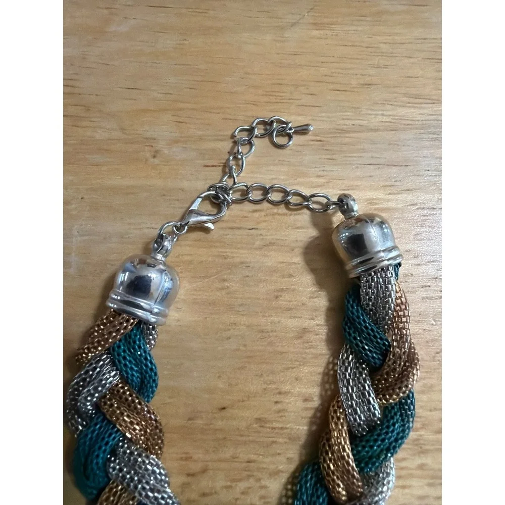 Braided Mesh Chain Bracelet Tricolor Gold Silver Teal Blue Statement Jewelry